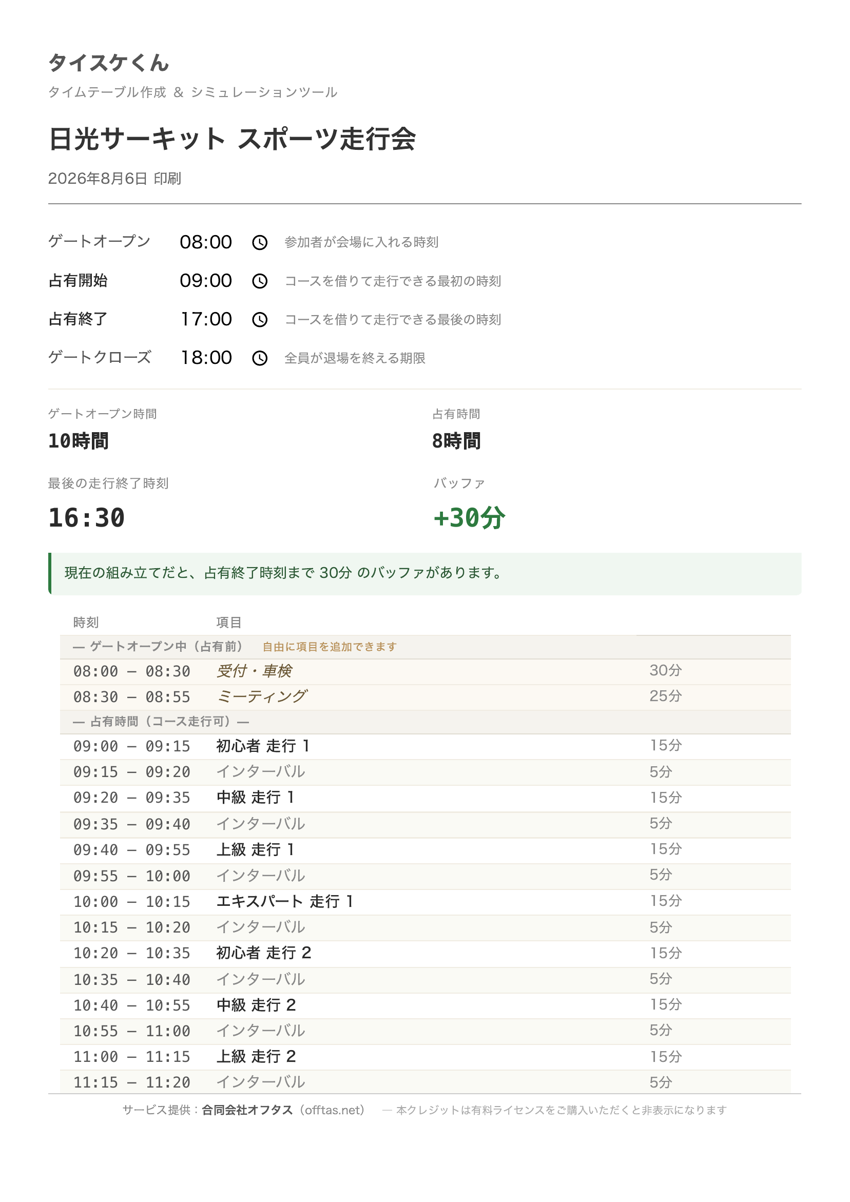 運営用印刷のレイアウト。ゲートオープンや占有時間などの基本情報と、時刻付きの進行リストがA4で読める形にまとまっている。