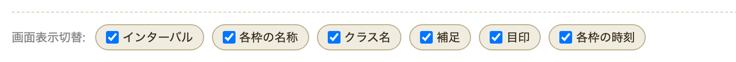 画面表示切替のチェックボックス6項目。インターバル、各枠の名称、クラス名、補足、目印、各枠の時刻が、すべてチェック済み（表示中）の状態で並んでいる。